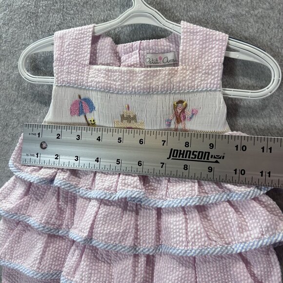 Petit Ami Baby Girls 9M Pink Seersucker Romper Bubble Smocked Beach  Ruffles - Picture 4 of 10